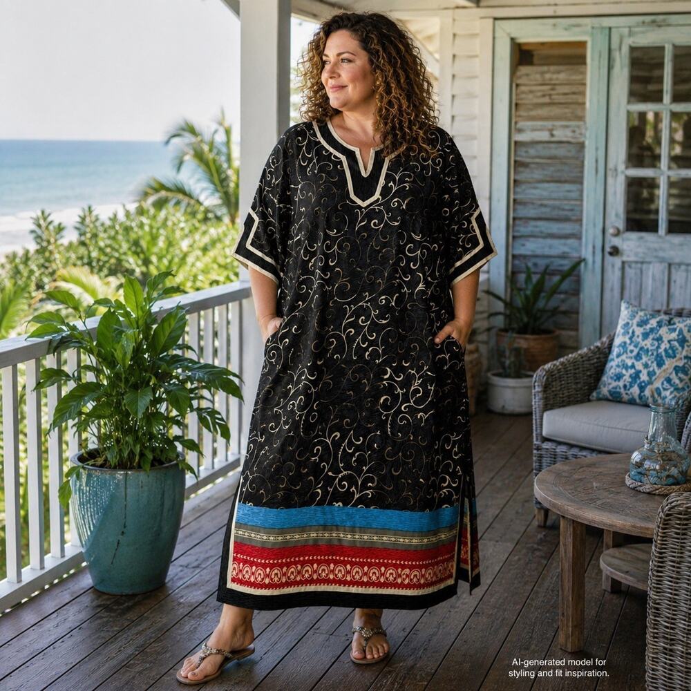 Ulla Popken Cotton Caftan Maxi Dress Plus Sz 1X 16 18 Pockets Boho Resort Travel